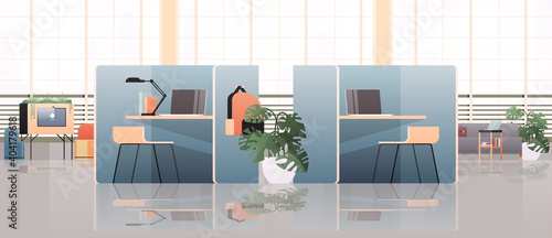 workplaces with laptops in empty coworking center modern office room interior open space with furniture horizontal vector illustration