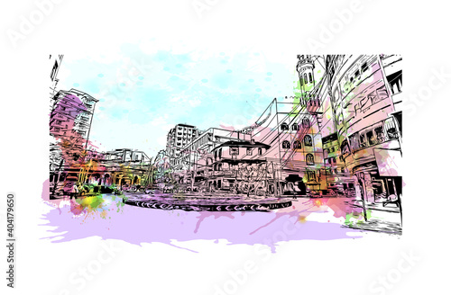 Building view with landmark of Dar es Salaam
City in Tanzania. Watercolour splash with hand drawn sketch illustration in vector.