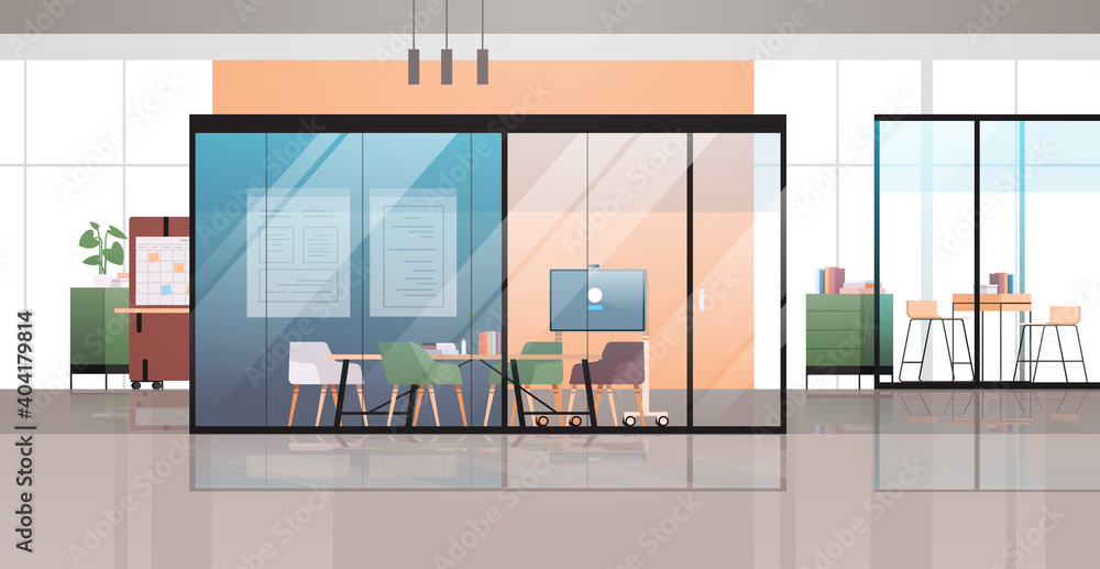 Fototapeta empty coworking center modern office room interior creative open space with furniture horizontal vector illustration