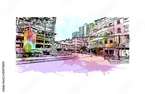 Building view with landmark of Dar es Salaam
City in Tanzania. Watercolour splash with hand drawn sketch illustration in vector.