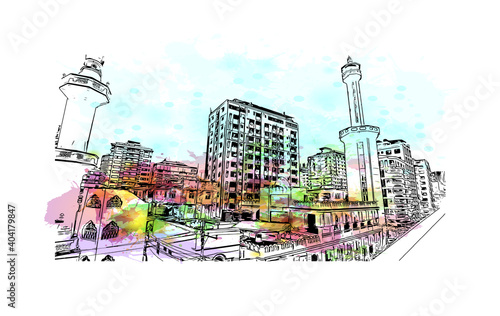 Building view with landmark of Dar es Salaam
City in Tanzania. Watercolour splash with hand drawn sketch illustration in vector.