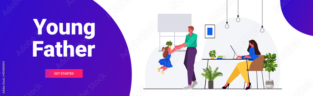 father playing with little daughter mother sitting at workplace parenting fatherhood concept friendly family spending time together at home full length horizontal copy space vector illustration father playing with little daughter mother sitting at workplace parenting fatherhood concept friendly family spending time together at home full length horizontal copy space vector illustration