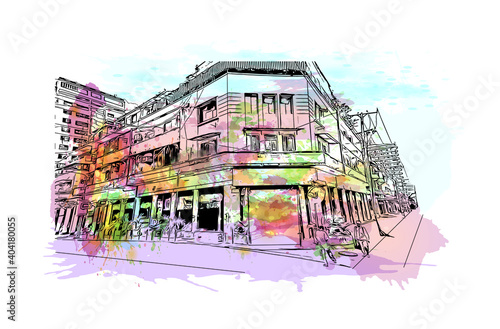 Building view with landmark of Dar es Salaam
City in Tanzania. Watercolour splash with hand drawn sketch illustration in vector.