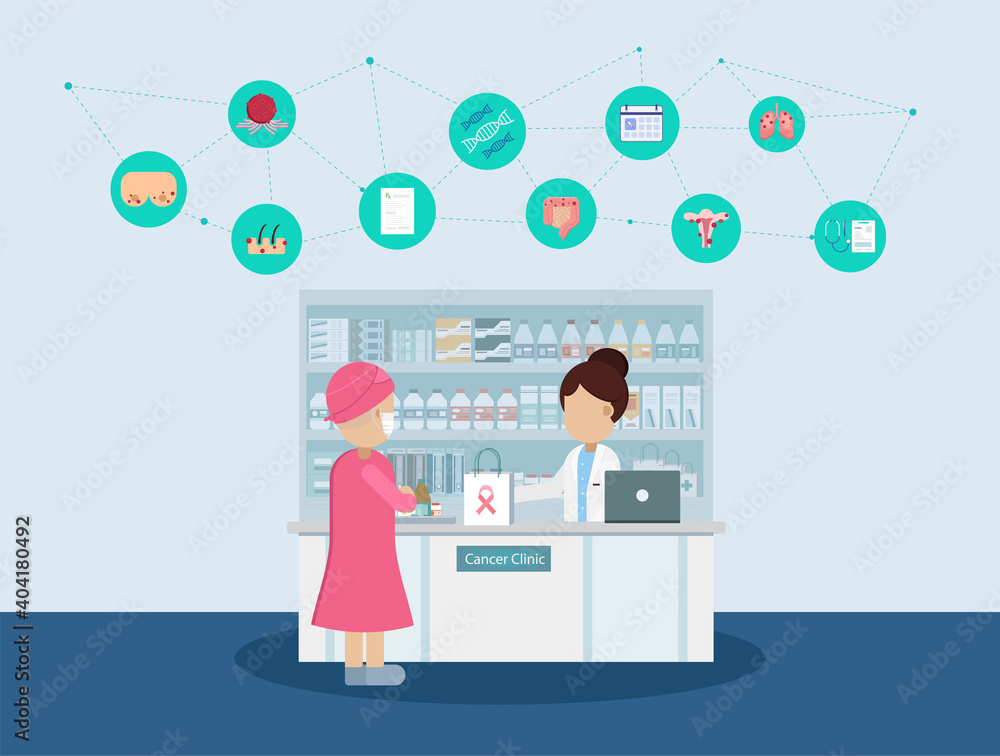 Pharmacy with pharmacist and icons Pharmacy with pharmacist and icons