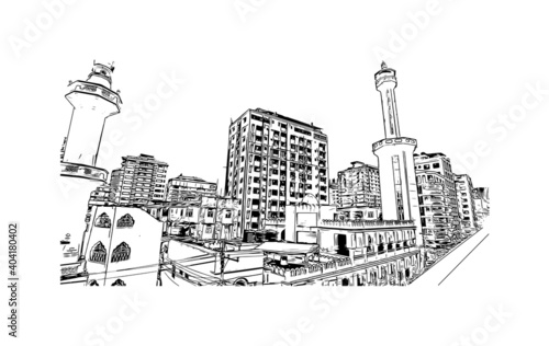 Building view with landmark of Dar es Salaam
City in Tanzania. Hand drawn sketch illustration in vector.