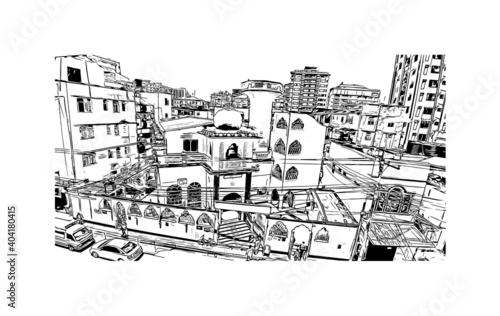Building view with landmark of Dar es Salaam
City in Tanzania. Hand drawn sketch illustration in vector.
