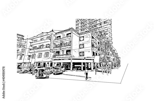 Building view with landmark of Dar es Salaam
City in Tanzania. Hand drawn sketch illustration in vector.
