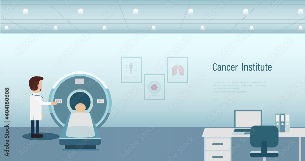 Cancer institute banner with cancer patient and ct scanner flat design vector illustration Cancer institute banner with cancer patient and ct scanner flat design vector illustration