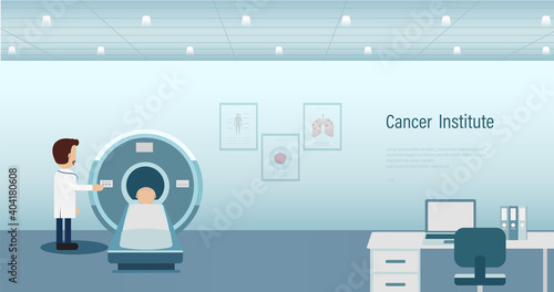 Cancer institute banner with cancer patient and ct scanner flat design vector illustration
