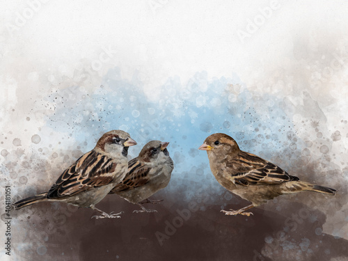 Foto Three sparrows Watercolor Digital Painting vintage effect - bird illustration