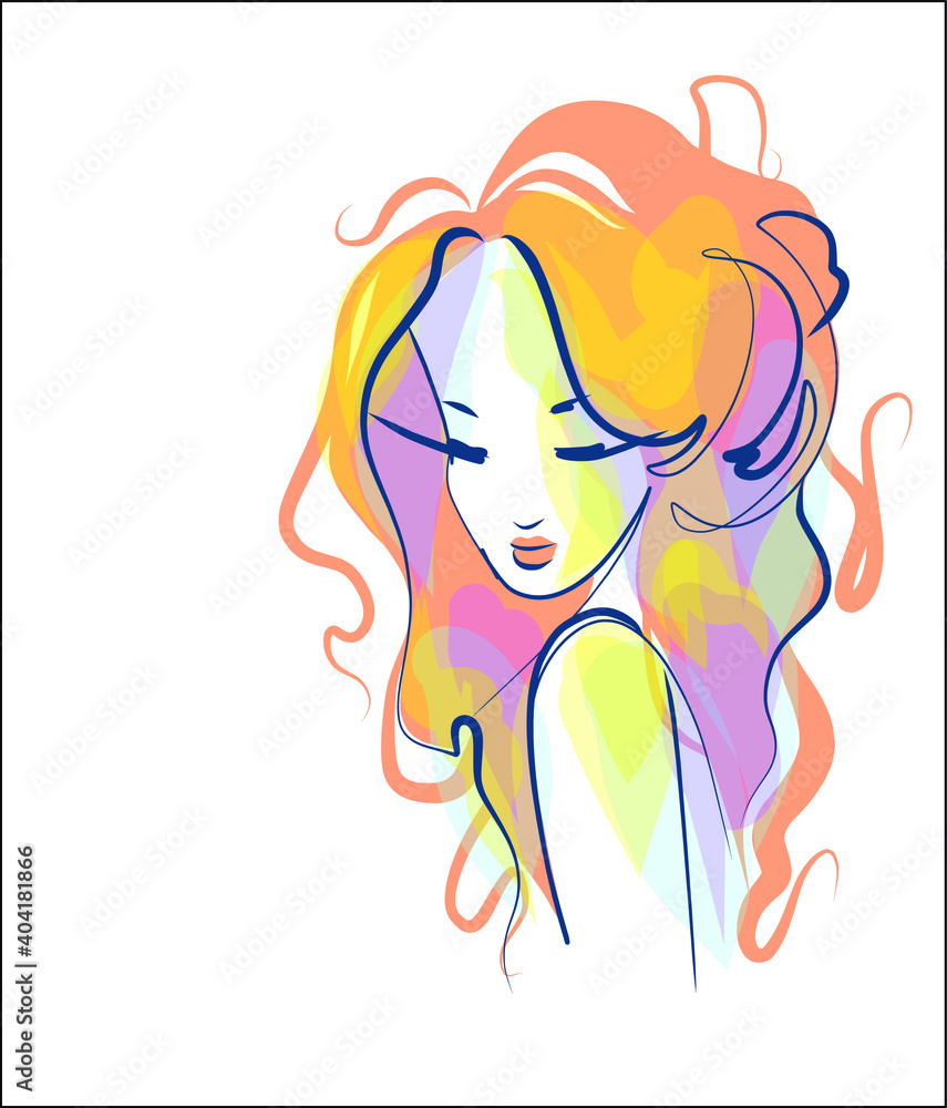 VECTOR Background with a
stylish  original hand-drawn graphics portrait  with beautiful young attractive girl 