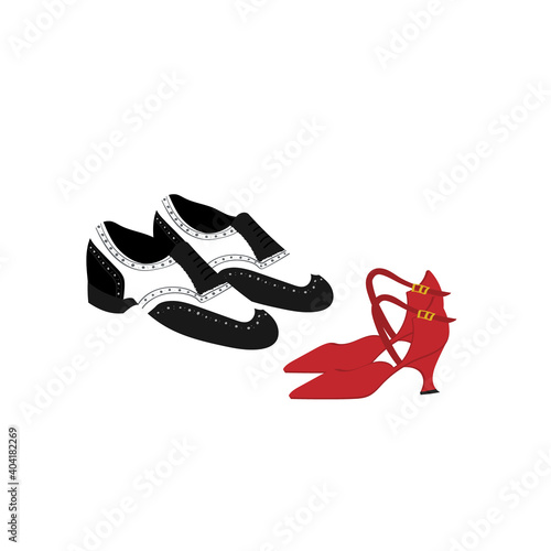 Hand drawn illustration of women's and man's argentine tango, latiin slasa and bachata dance shoes.