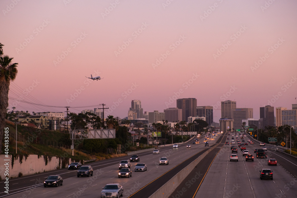 San Diego freeway with skyline in the background