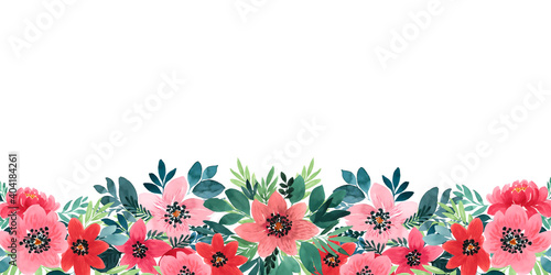 Cute watercolor flower banner. Horizontally arranged blooming pattern