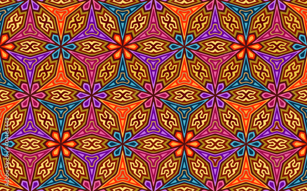 Geometric colorful wallpaper. Ethnic stylish ornament in Mexican, Aztec motives. Doodling style pattern.Background for wrapping paper, business card, textiles, fabric, website, stained glass.