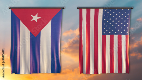 Photography Double Flag United States of America and Cuba flag waving flag with texture sky