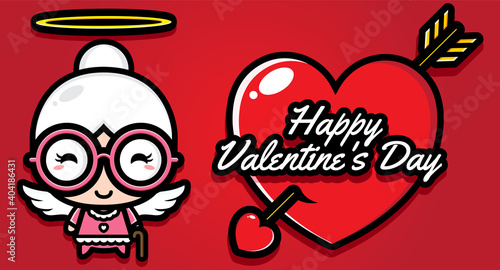 cute granny cupid character design on valentine's day happy greeting card