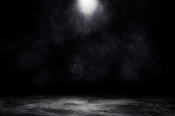 Empty space of Studio dark room concrete floor grunge texture background with spot lighting and fog or mist in black background.