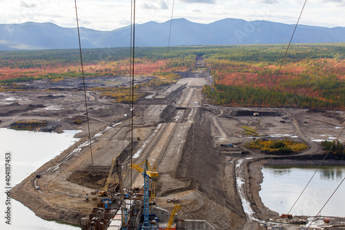A developed site for the construction of a river dam on the Kolyma River