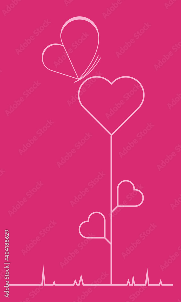 Heart shaped flower with butterfly vector line art for valentine card banner design template.