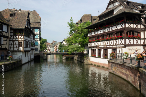Medieval buildings and the canal with swing bridge, Petite France, Strasbourg, France