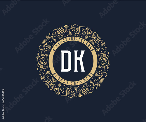 Initial DK Antique retro luxury victorian calligraphic emblem logo with ornamental frame.