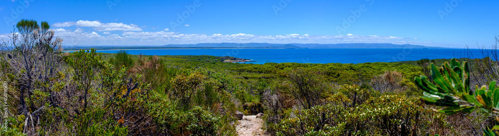 Panoramic coastal sea view at sumit of walking track Beecroft Head, Abrahams Bosom Reserve, Jervis Bay, NSW, Australia