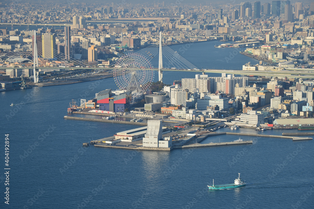 High angle view of Osaka port, Osaka bay, Japan 