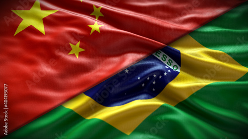 Canvas Print Double Flag China and Brazil flag waving flag with texture sky clouds and sunset