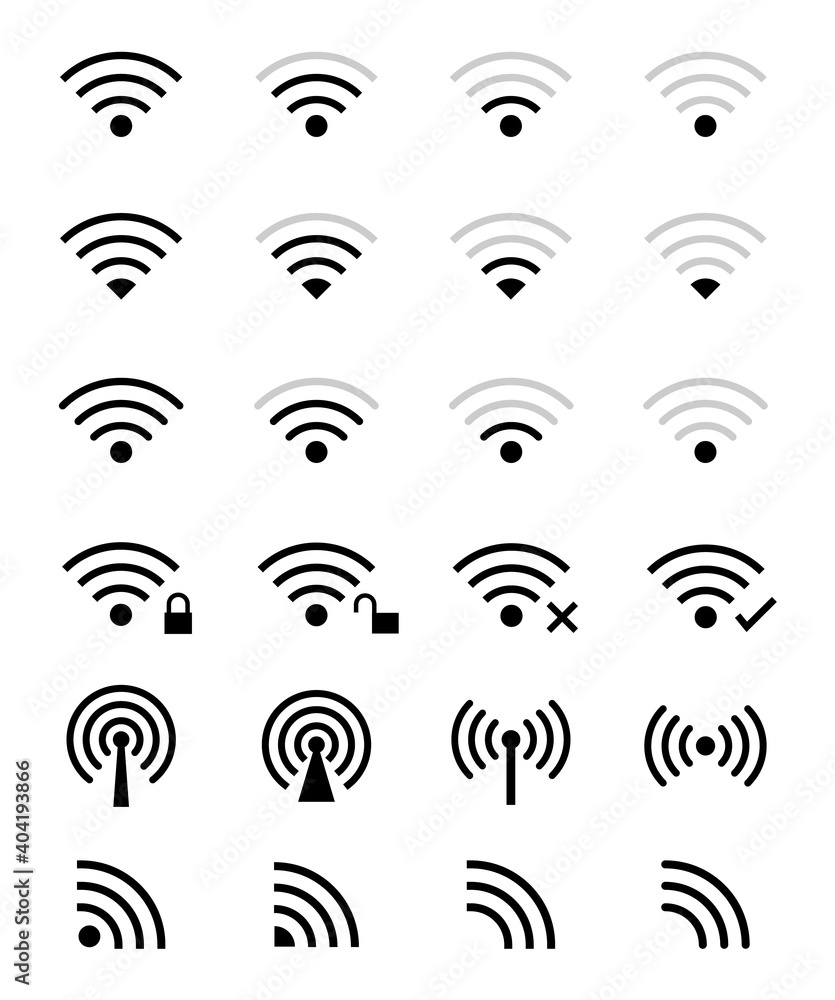 Wireless and wave icons set. Technology phone network. Computer communication with wifi. Wireless and wave icons set. Technology phone network. Computer communication with wifi.