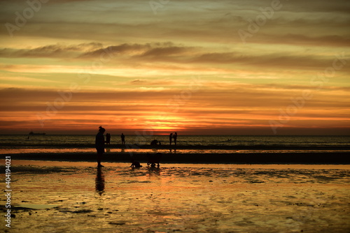 Beautiful golden yellow sky and sun The view of the beach  the beach and the sun loungers are rising. Beautiful golden yellow sky and sun 