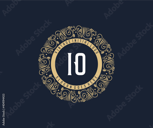 Initial IO Antique retro luxury victorian calligraphic emblem logo with ornamental frame.