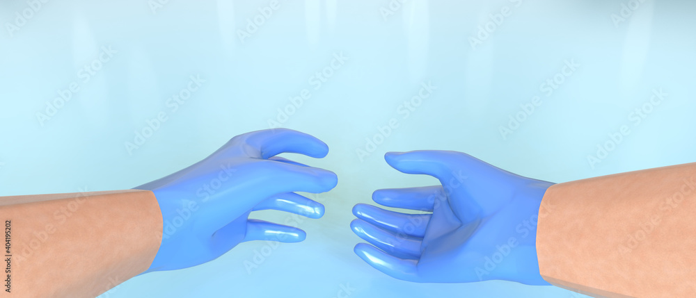 Protection Medical and health care. Doctor putting gloves on blue background - 3d rendering