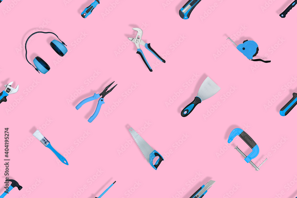 Tools seamless pattern. Various construction tools on a pink background. Tools seamless pattern. Various construction tools on a pink background.
