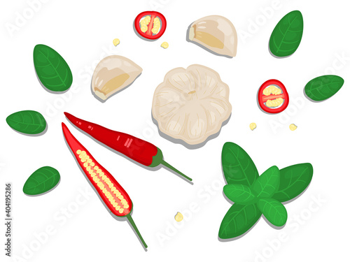 healthy eating and fresh diet ingredient concept illustration decoration flat lay top view isolated on white background. red chili pepper, garlic, cut, slice, basil leaf