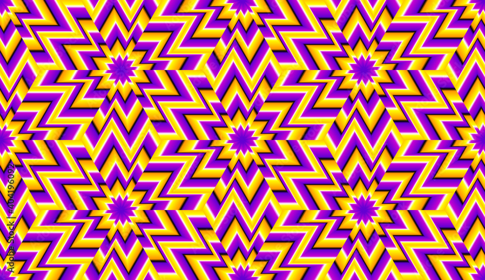 Yellow and purple wrapping paper with flowers in techno style. Optical illusion of movement. Seamless pattern.