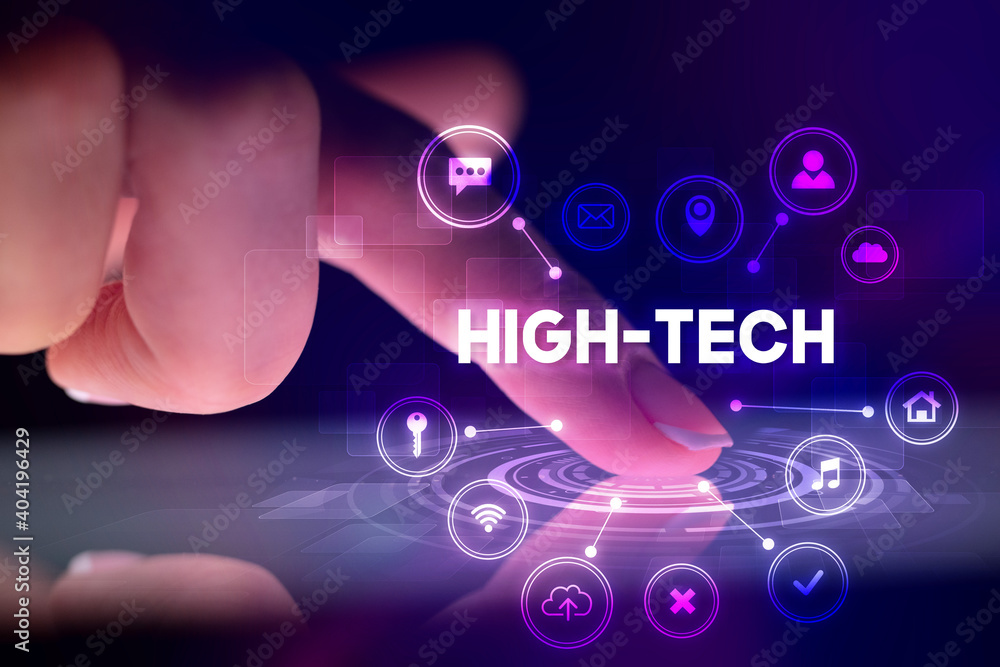 Finger touching tablet with web technology icons and HIGH-TECH inscription, web technology concept Finger touching tablet with web technology icons and HIGH-TECH inscription, web technology concept