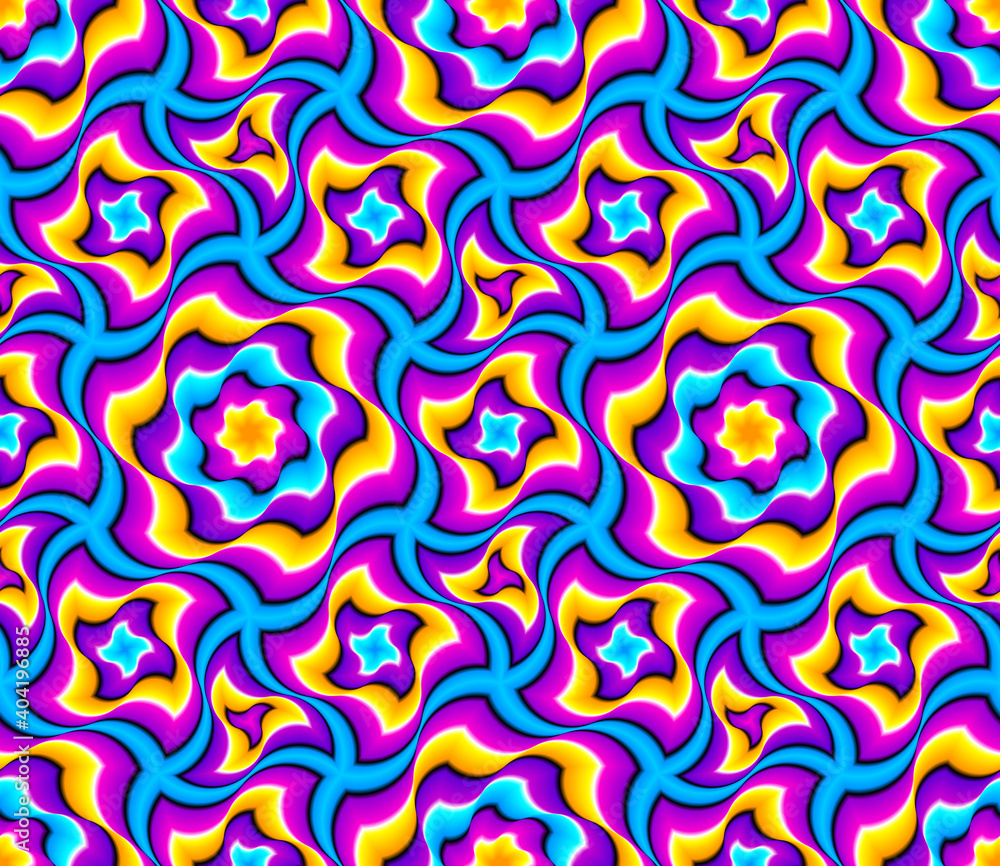 Fototapeta premium Colorful wrapping paper with flowers. Optical illusion of movement. Seamless pattern.