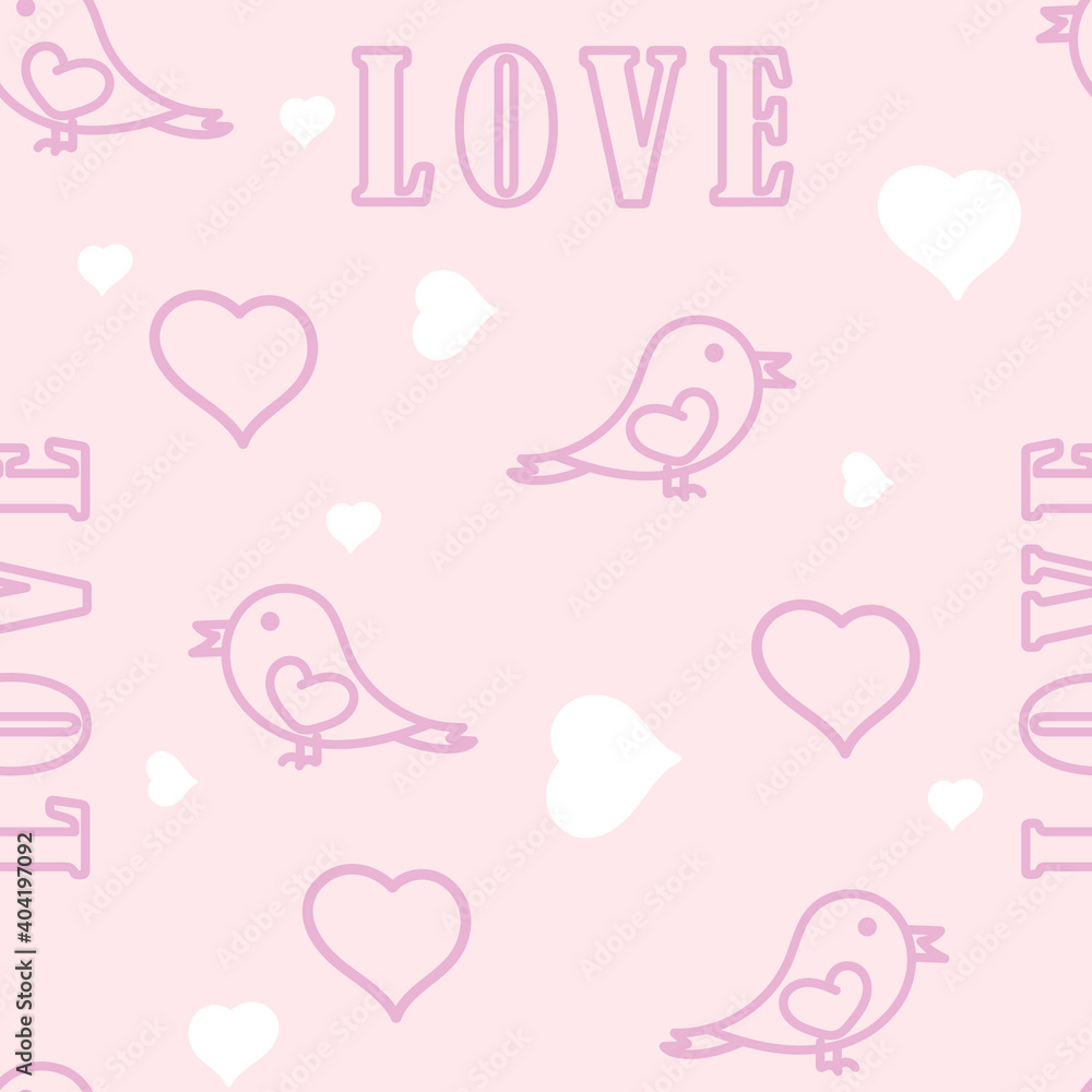 Seamless pattern Hearts, birds word Love. Romantic background for fabric, wrapping paper. Vector background, concept of feeling