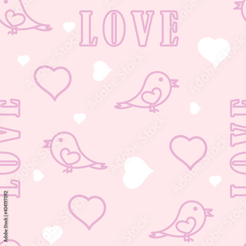 Seamless pattern Hearts, birds word Love. Romantic background for fabric, wrapping paper. Vector background, concept of feeling