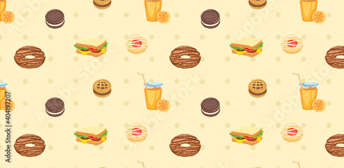 Yellow pastel sandwiches, Juice, cookies background. Seamless pattern. © Debprosad
