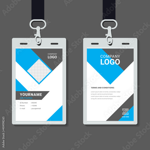 professional corporate id card template, clean blue id card design with geometric shape composition realistic mockup