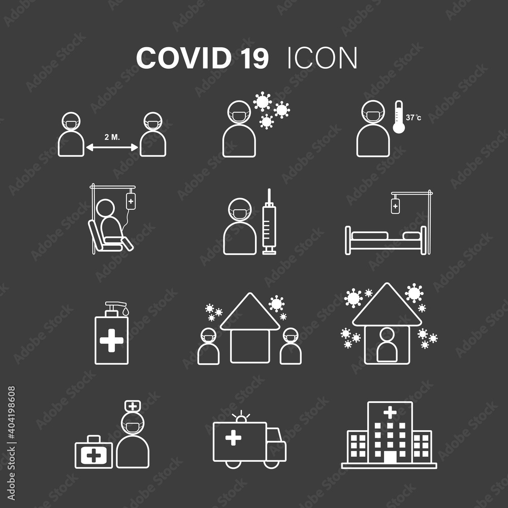 Simple set of Coronavirus safety related vector white line icons on black background. Covid-19 and Protect icons set. Simple set of Coronavirus safety related vector white line icons on black background. Covid-19 and Protect icons set.