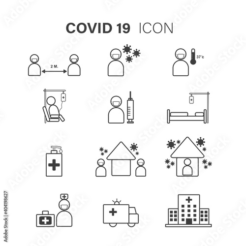Simple set of Coronavirus safety related vector line icons on black background. Covid-19 and Protect icons set. Quarantine.