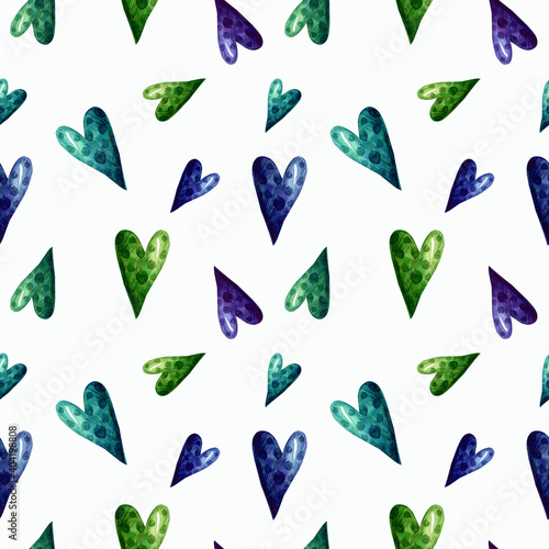 Seamless watercolor pattern for Valentine's Day. Hand-drawn different hearts in shades of green and blue. February 14, holidays. Design for wrapping paper, backgrounds and more