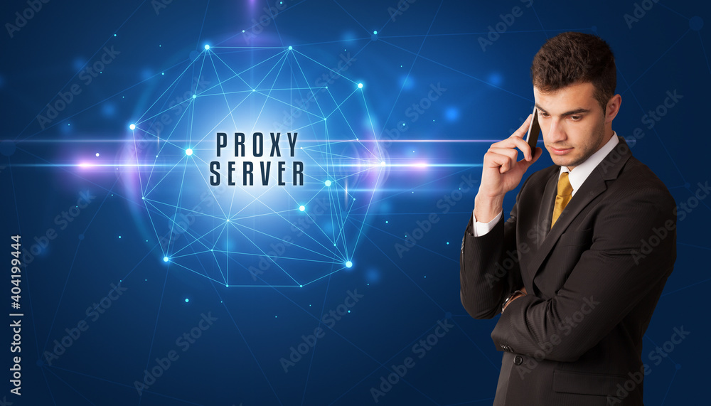 Businessman thinking about security solutions with PROXY SERVER inscription Businessman thinking about security solutions with PROXY SERVER inscription