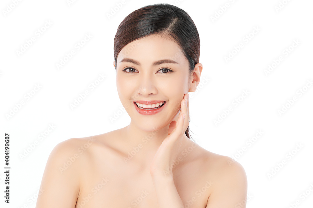 Beautiful Young asian Woman with Clean Fresh Skin, on Pink background, Face care, Facial treatment. Cosmetology, beauty and spa. Asian women portrait