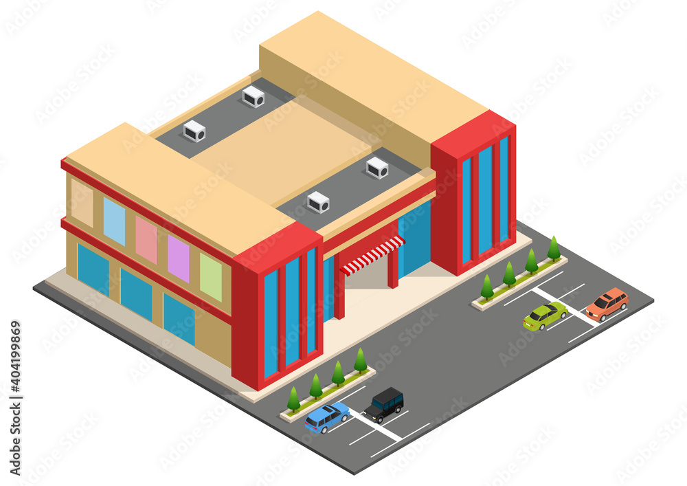 Isometric Supermarket Building with Car Parking. Isometric Supermarket Building with Car Parking.