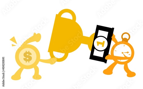 gold coin scramble fight with clock time for trophy cartoon doodle vector illustration flat design style