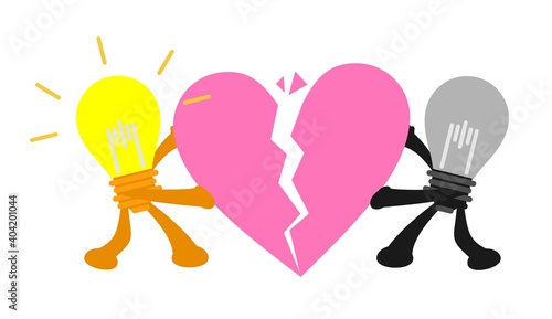 cartoon lamp idea scramble competition fight for break crack heart love doodle vector illustration flat design style